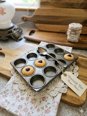 Vintage 12-Cup Mini Muffin Pan | Rustic Farmhouse Kitchen Decor Tin
